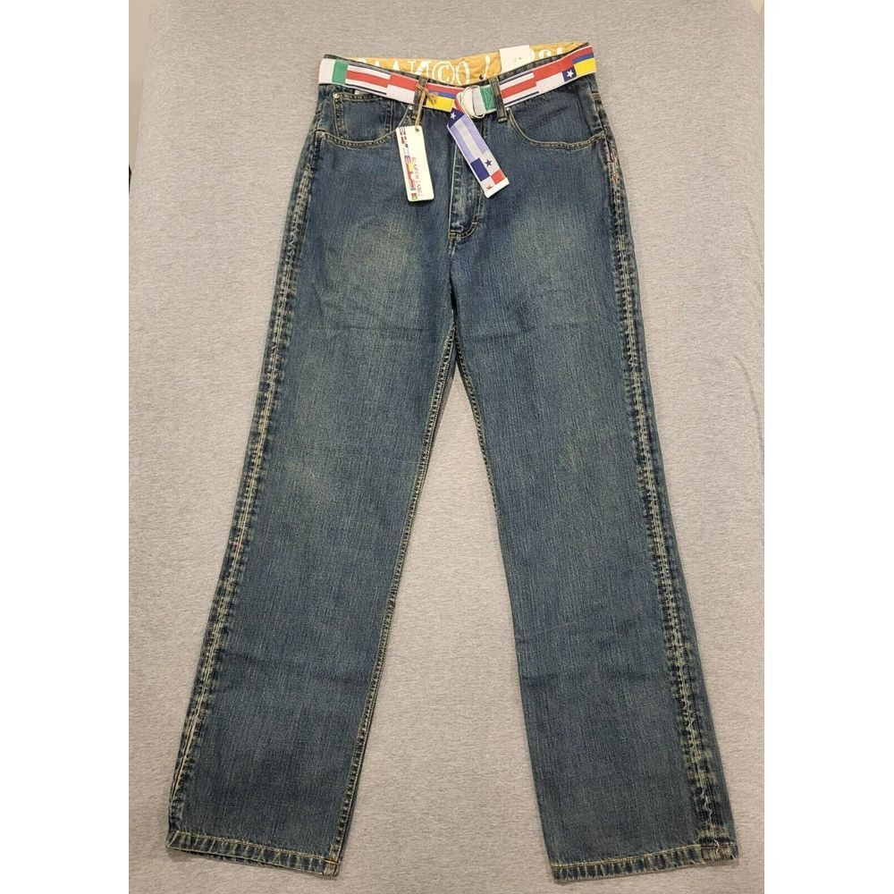 Blanco Label JEANS Blue Denim 34x34 Vintage Y2K Baggy Flag Belt‎ New NWT